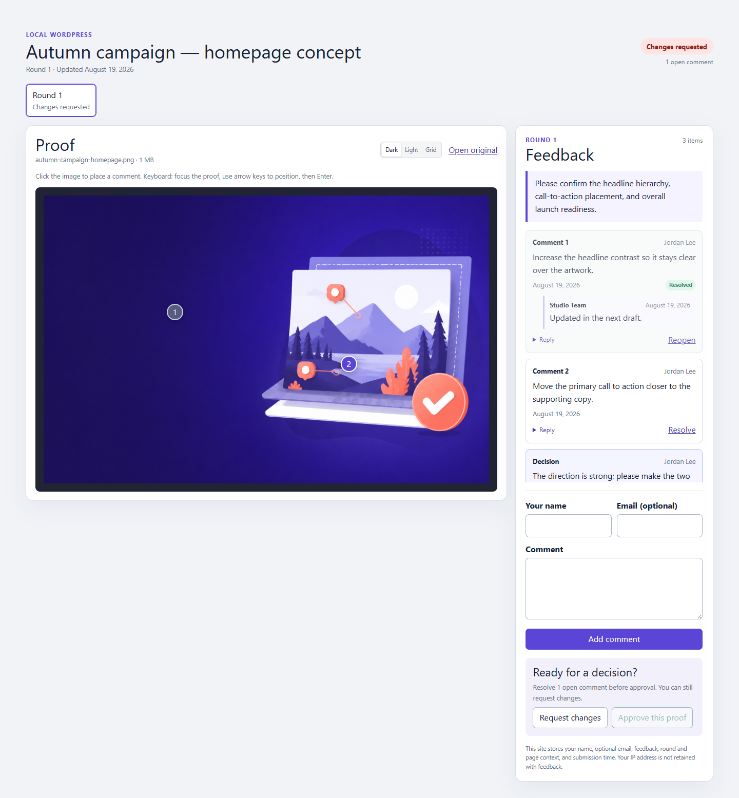 Client review page showing image pins, replies, resolution, and decision controls