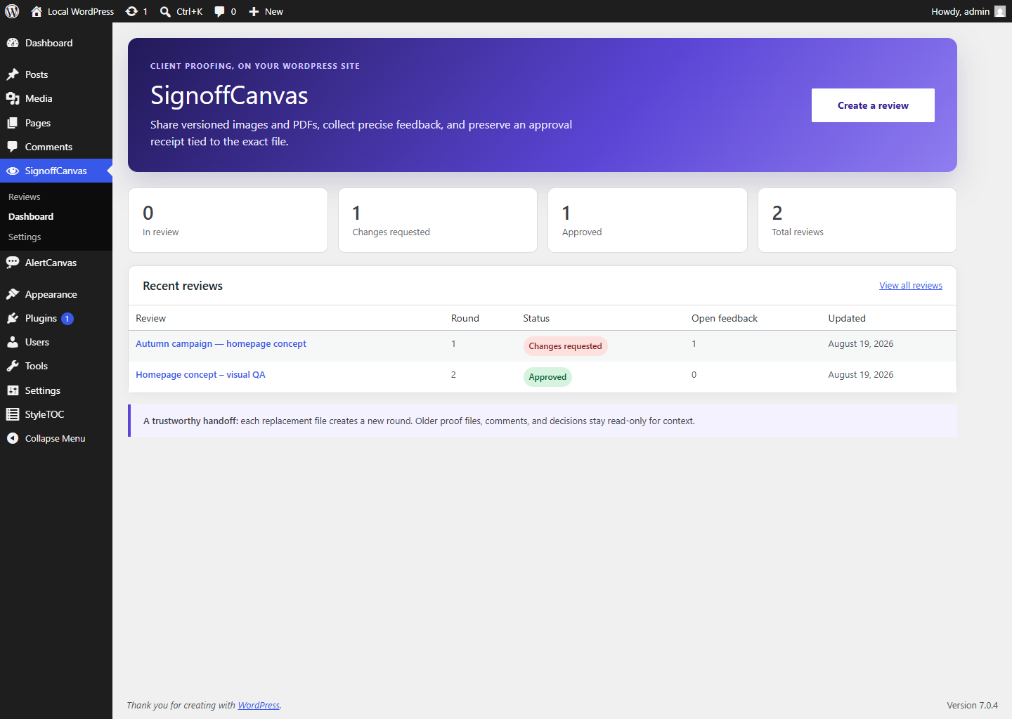 SignoffCanvas dashboard showing reviews in progress, changes requested, and approved