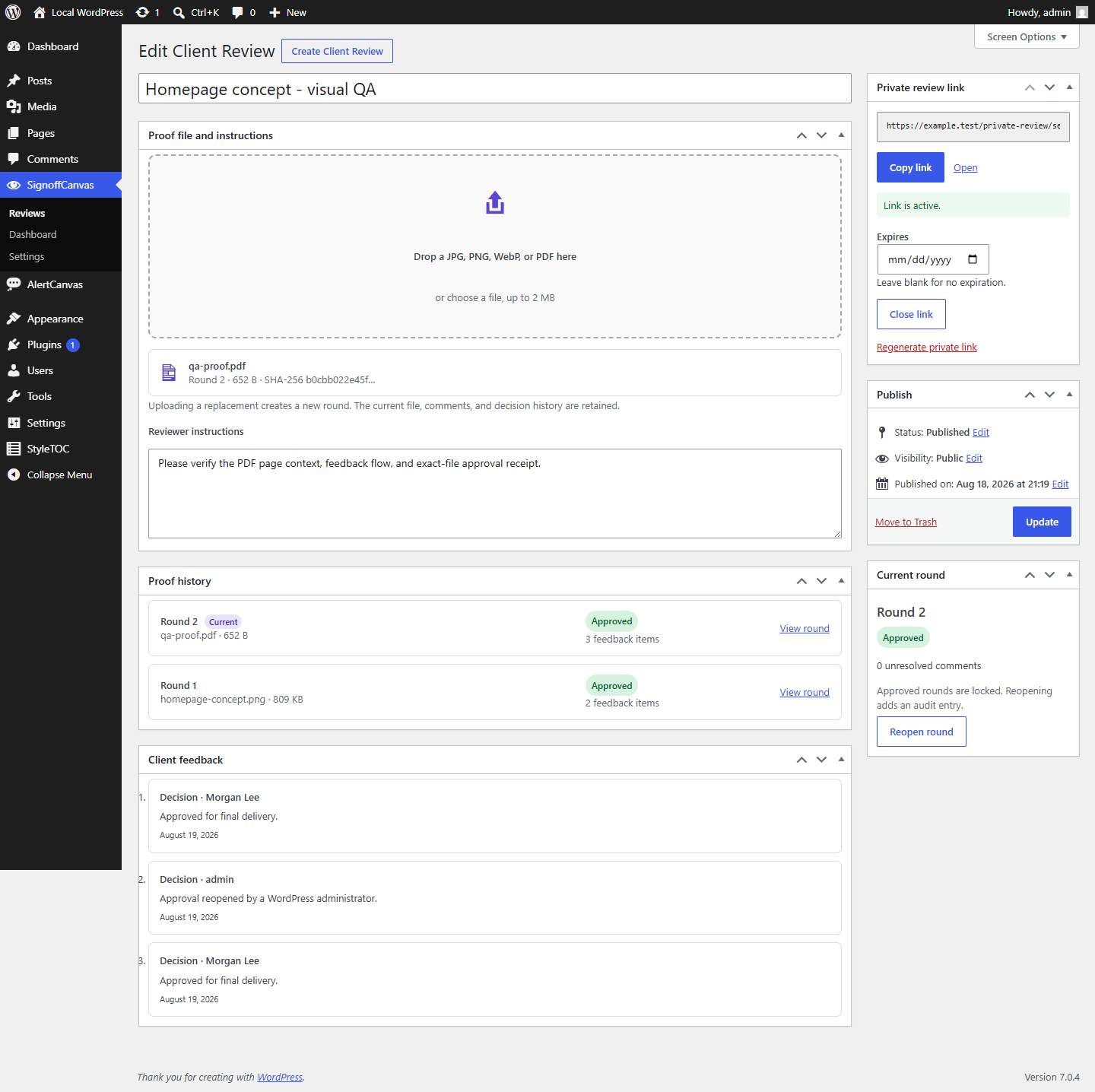 WordPress review editor showing proof upload, private-link controls, and version history